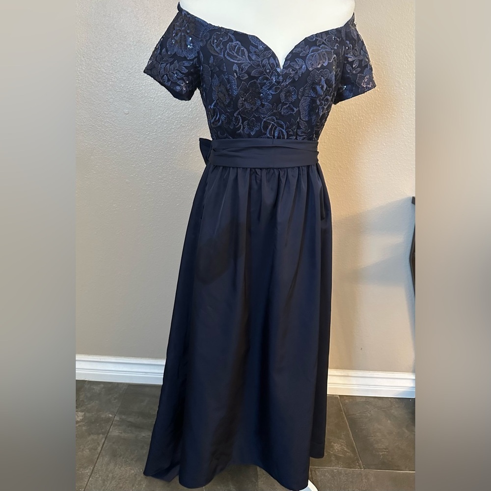 Elegant Adrianna Papell Navy Blue Off Shoulder High Low Lace Dress